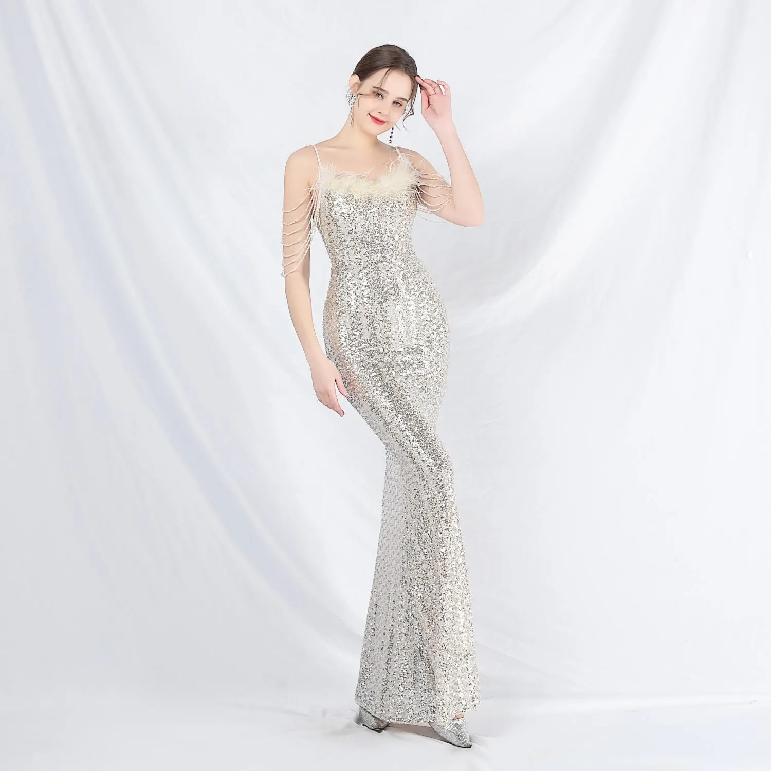 Leto-31832-Ostrich Fur Illusion Beaded Formal Dress