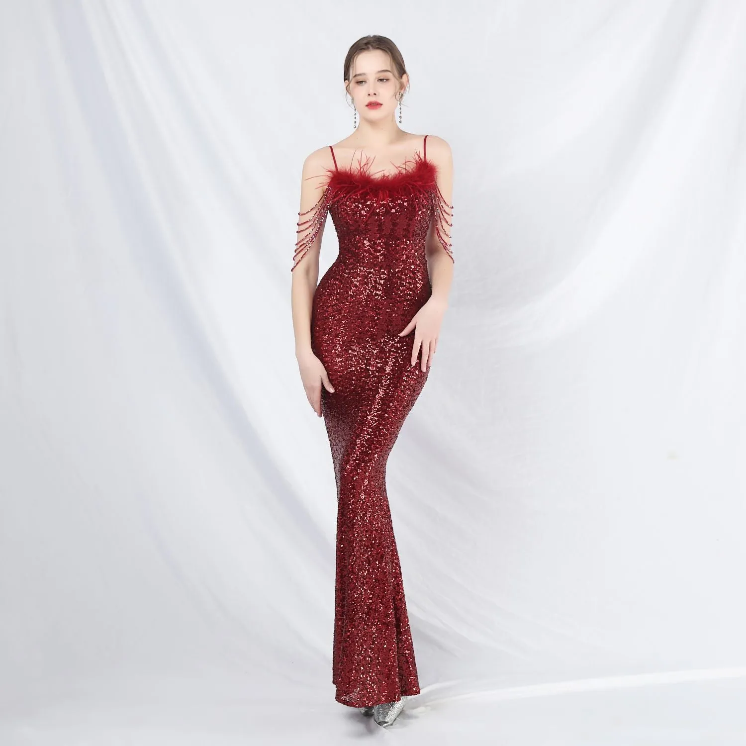 Leto-31832-Ostrich Fur Illusion Beaded Formal Dress