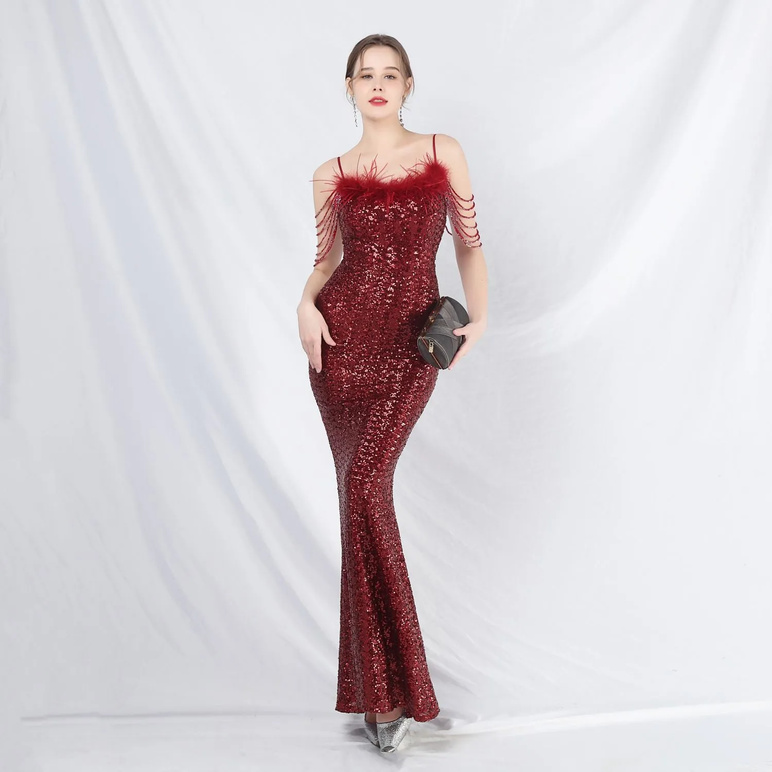 Leto-31832-Ostrich Fur Illusion Beaded Formal Dress