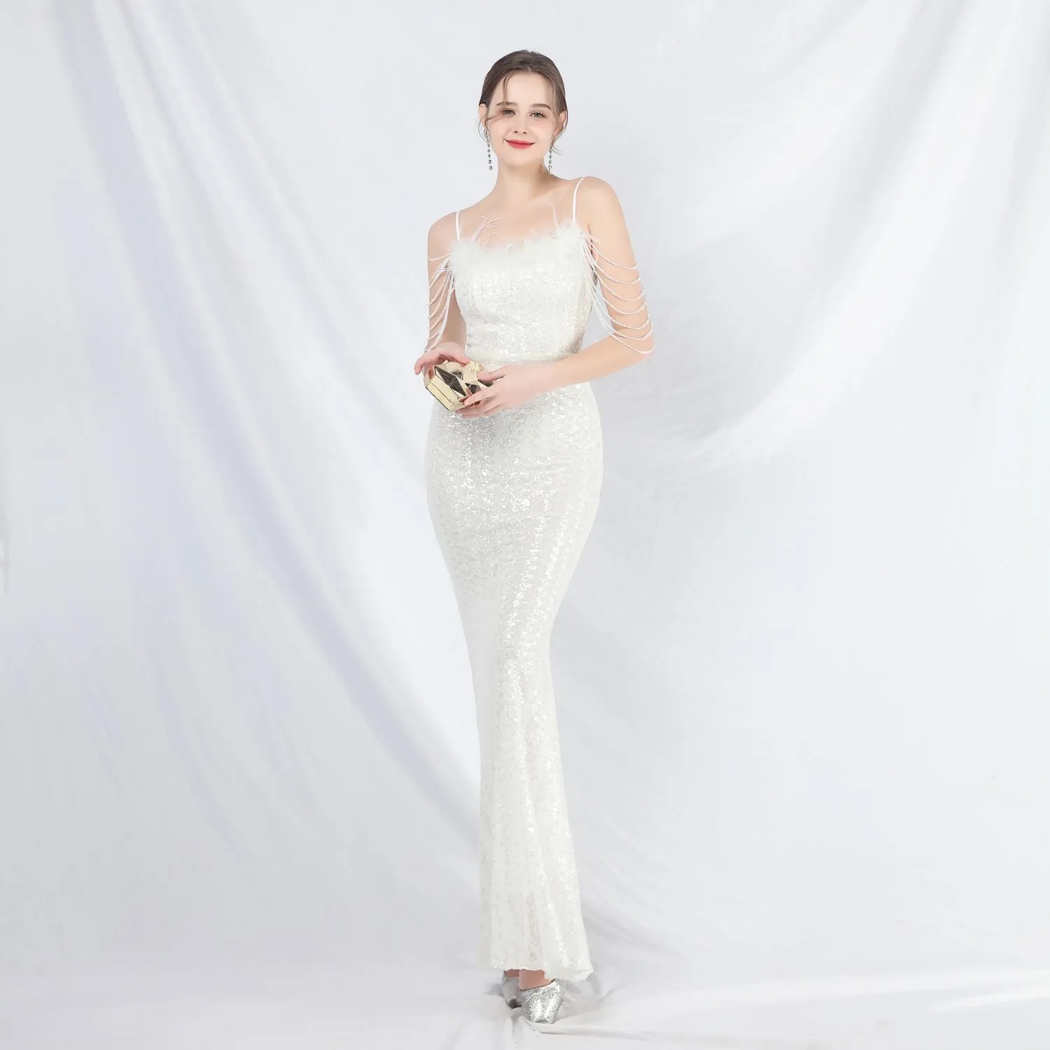 Leto-31832-Ostrich Fur Illusion Beaded Formal Dress