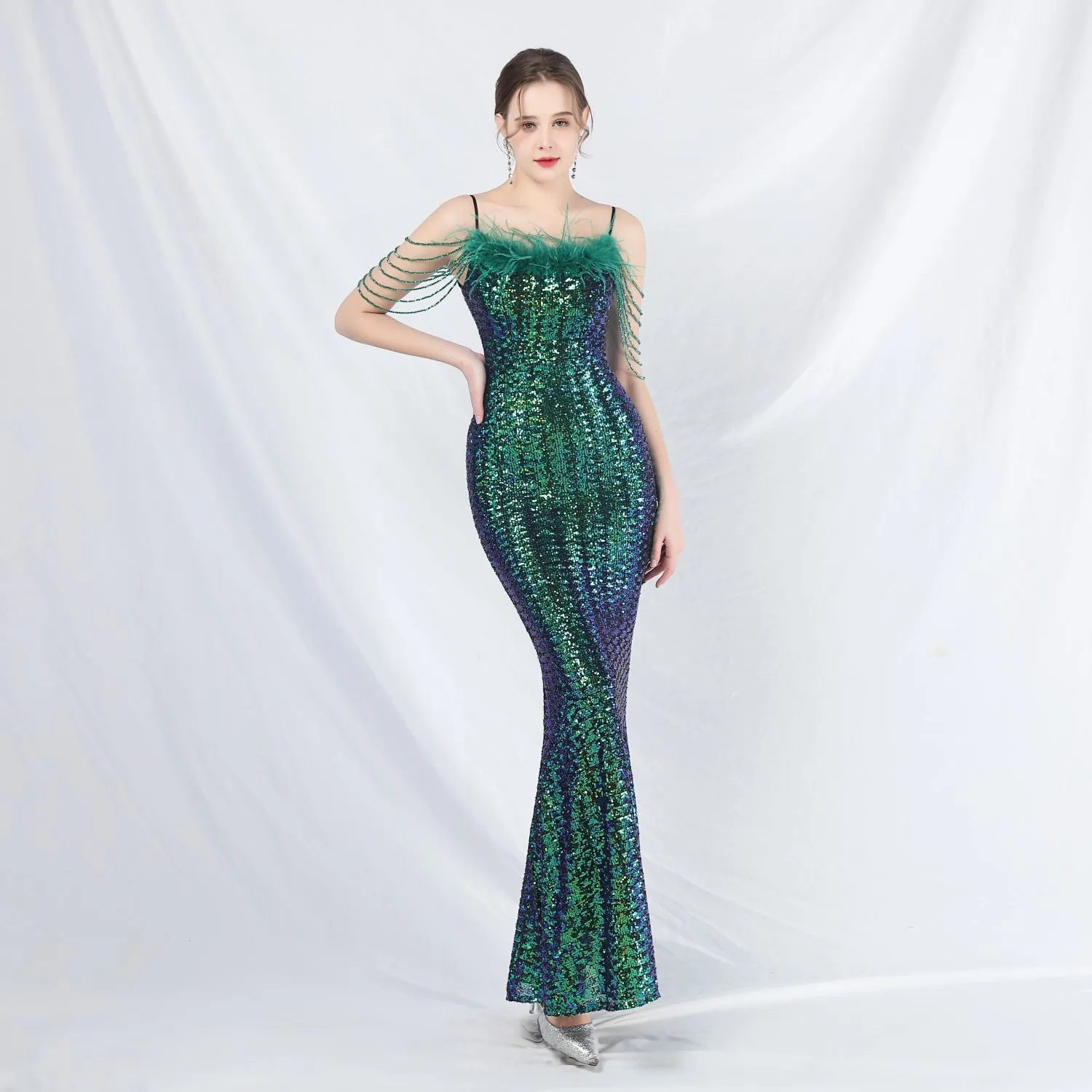 Leto-31832-Ostrich Fur Illusion Beaded Formal Dress