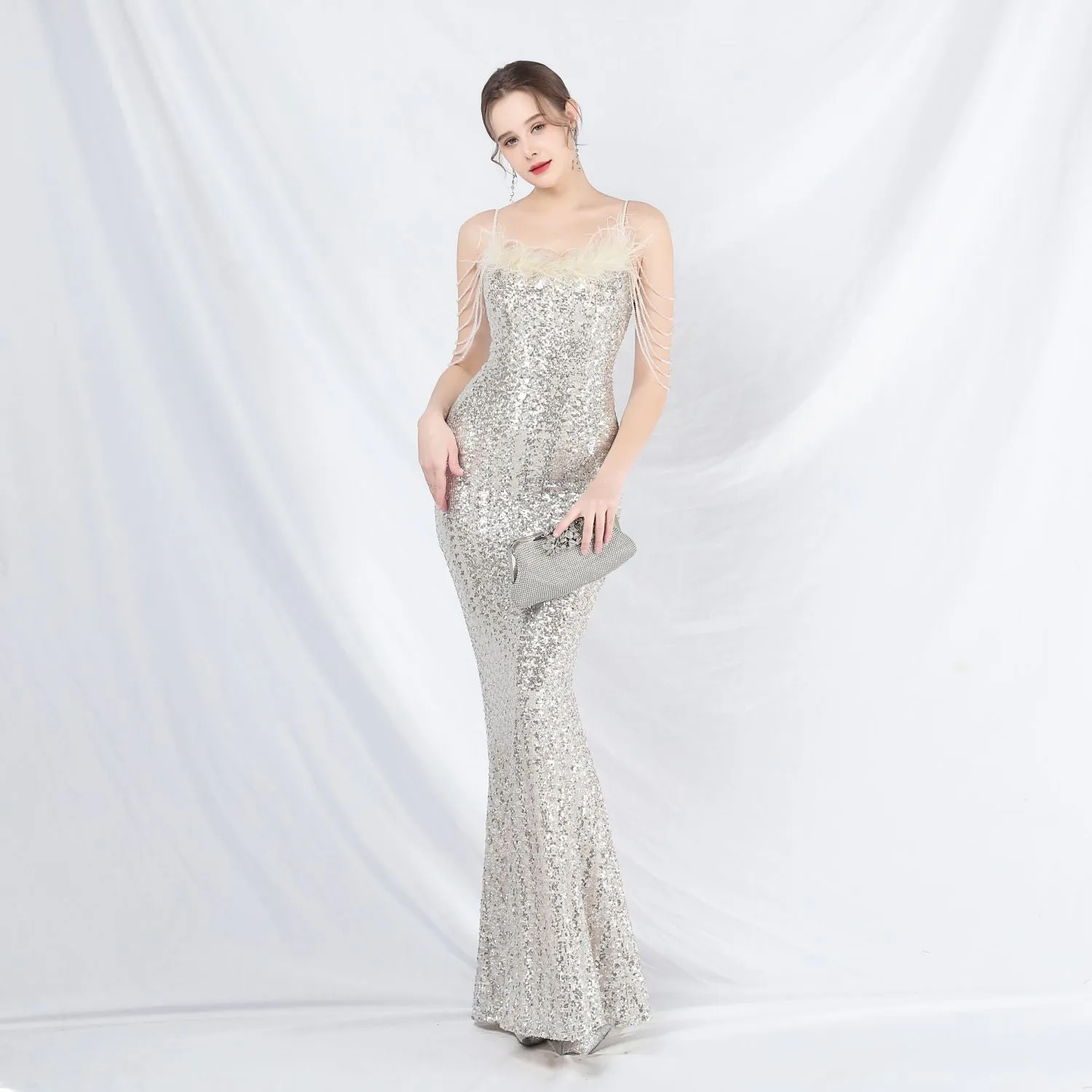 Leto-31832-Ostrich Fur Illusion Beaded Formal Dress