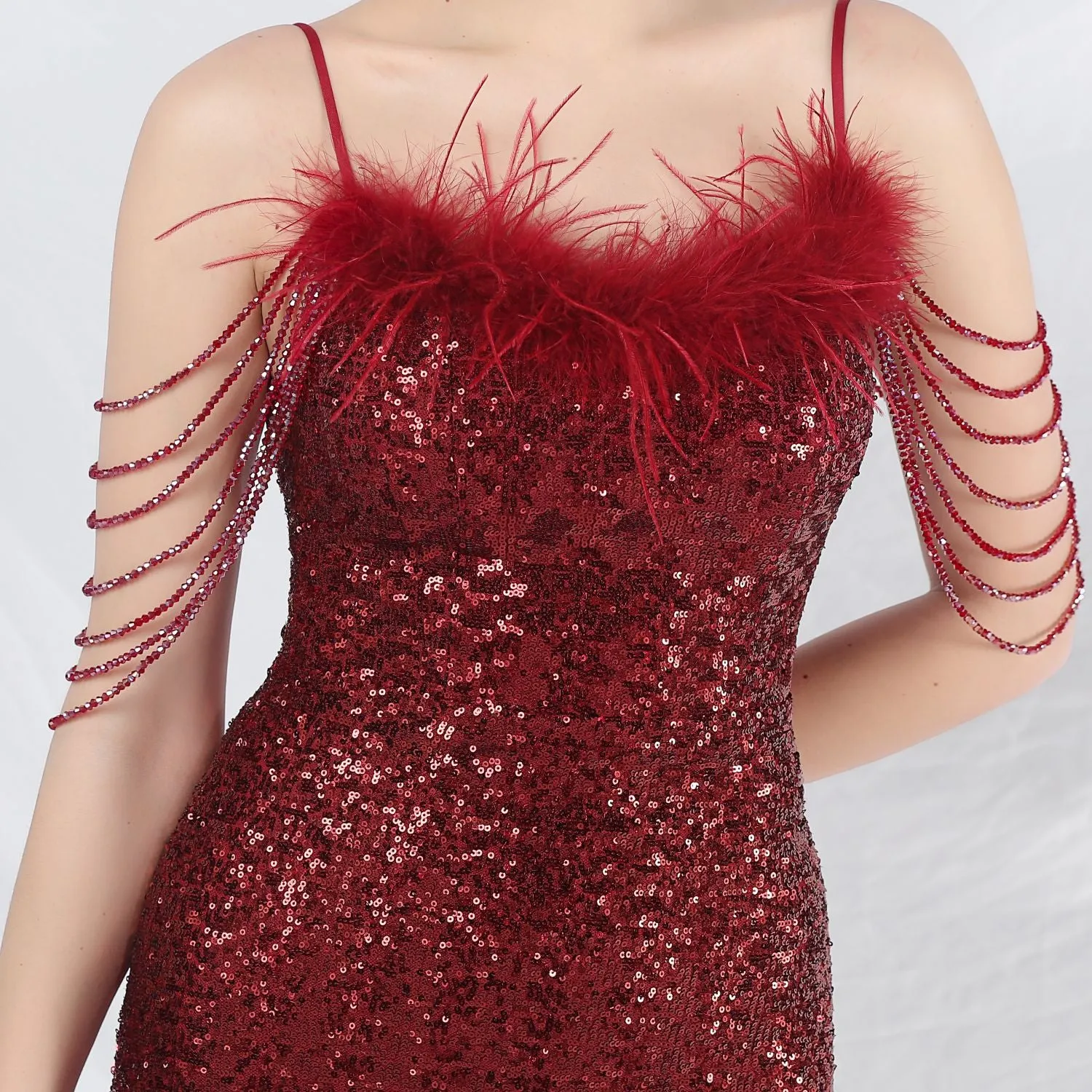 Leto-31832-Ostrich Fur Illusion Beaded Formal Dress