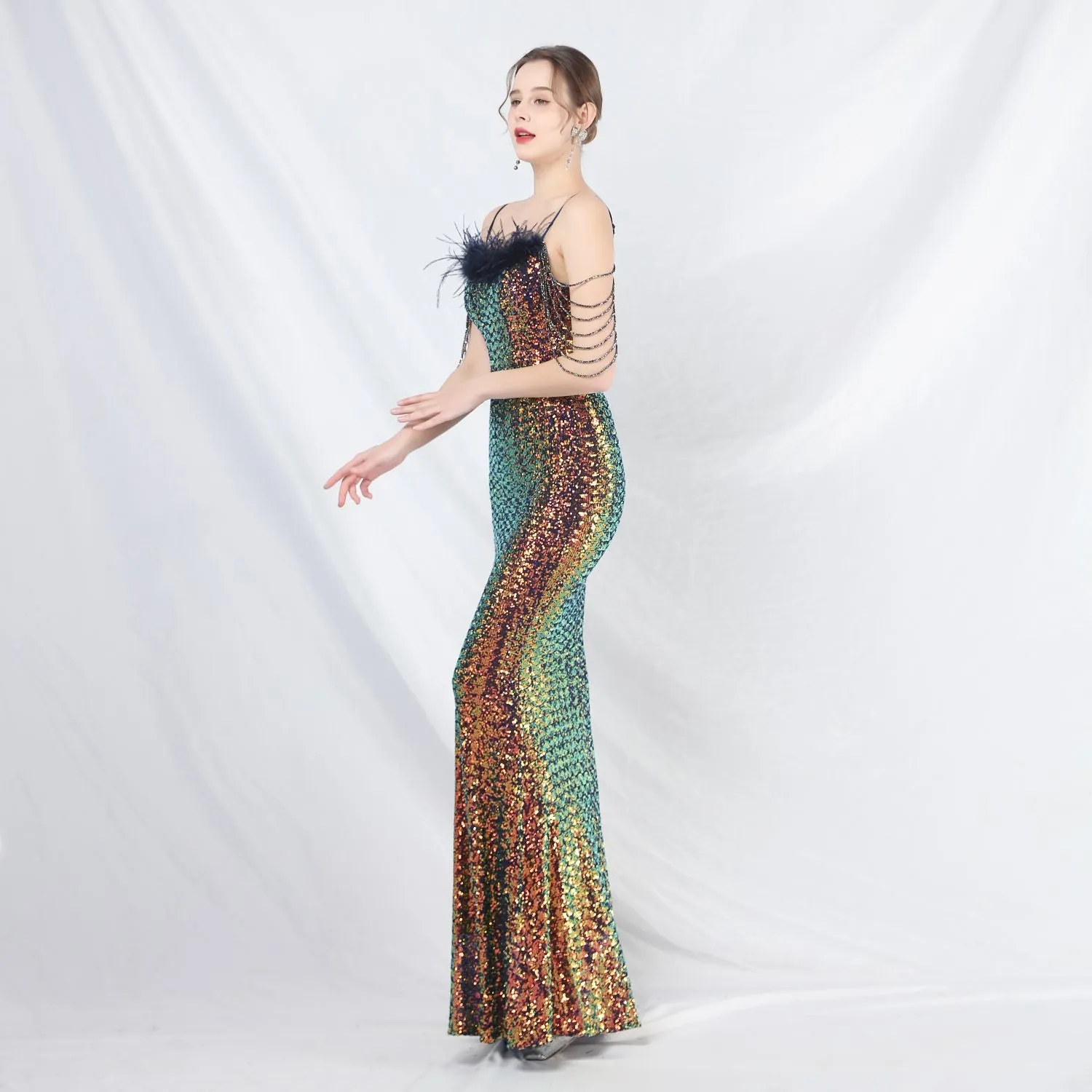 Leto-31832-Ostrich Fur Illusion Beaded Formal Dress