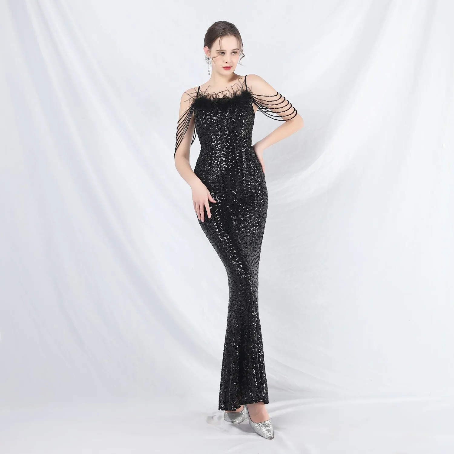 Leto-31832-Ostrich Fur Illusion Beaded Formal Dress