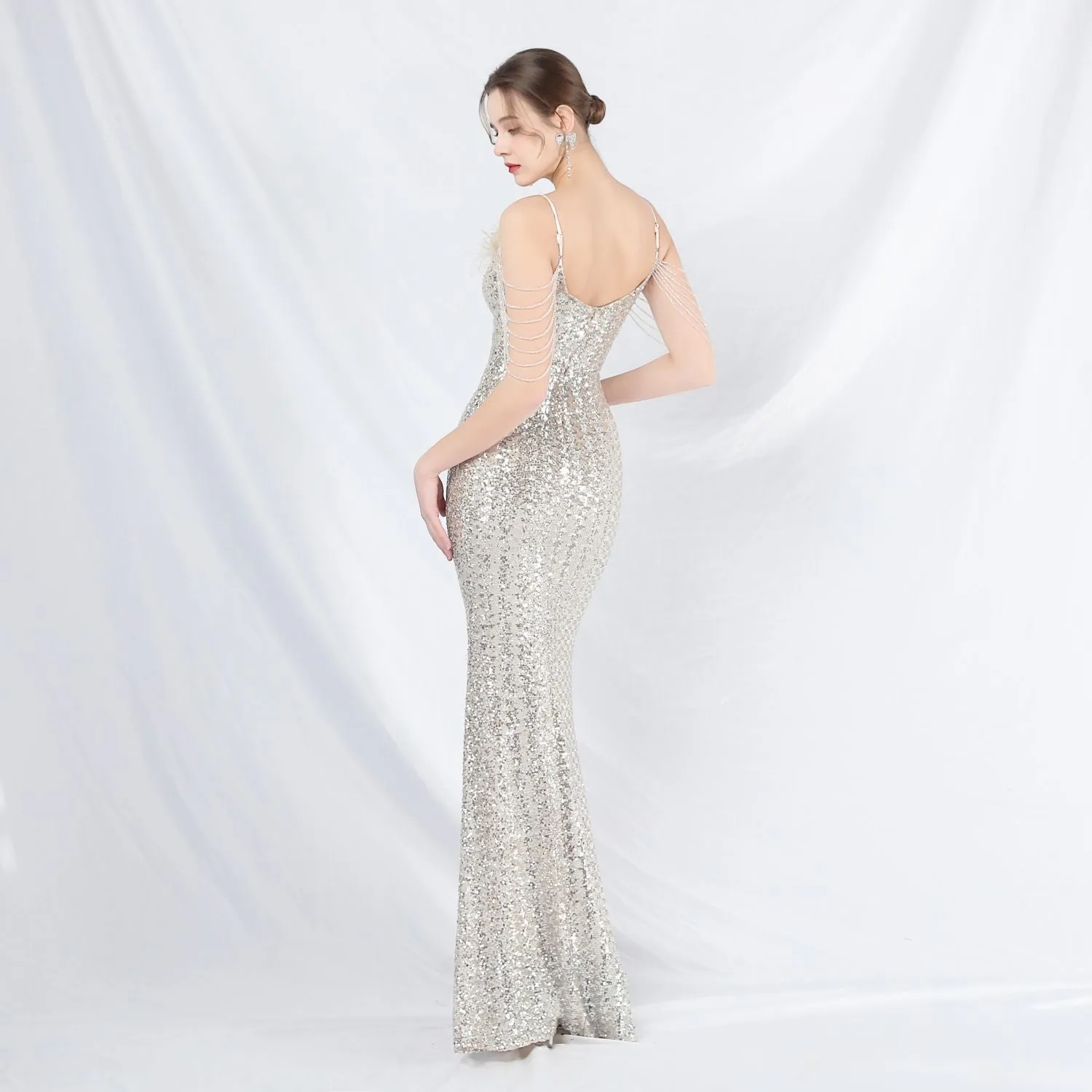 Leto-31832-Ostrich Fur Illusion Beaded Formal Dress