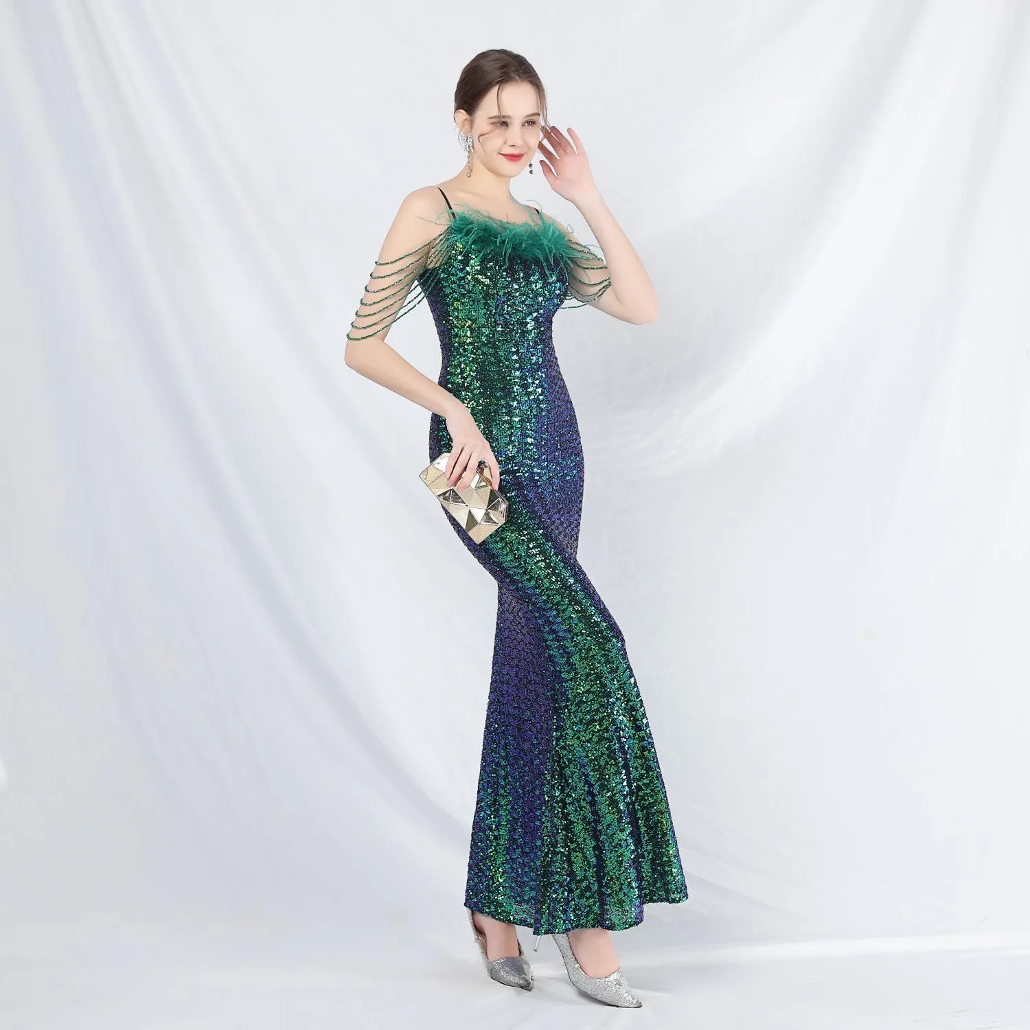 Leto-31832-Ostrich Fur Illusion Beaded Formal Dress