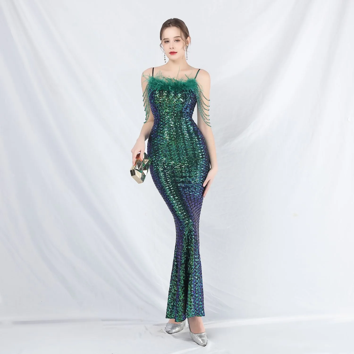 Leto-31832-Ostrich Fur Illusion Beaded Formal Dress