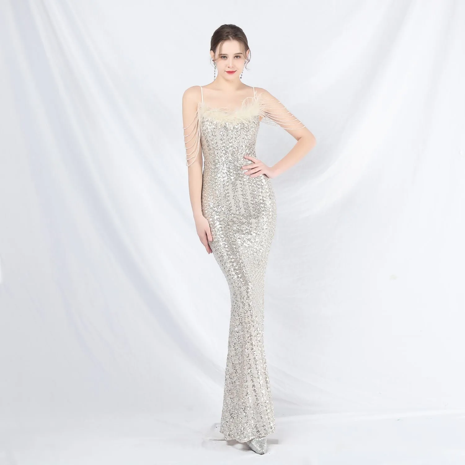 Leto-31832-Ostrich Fur Illusion Beaded Formal Dress