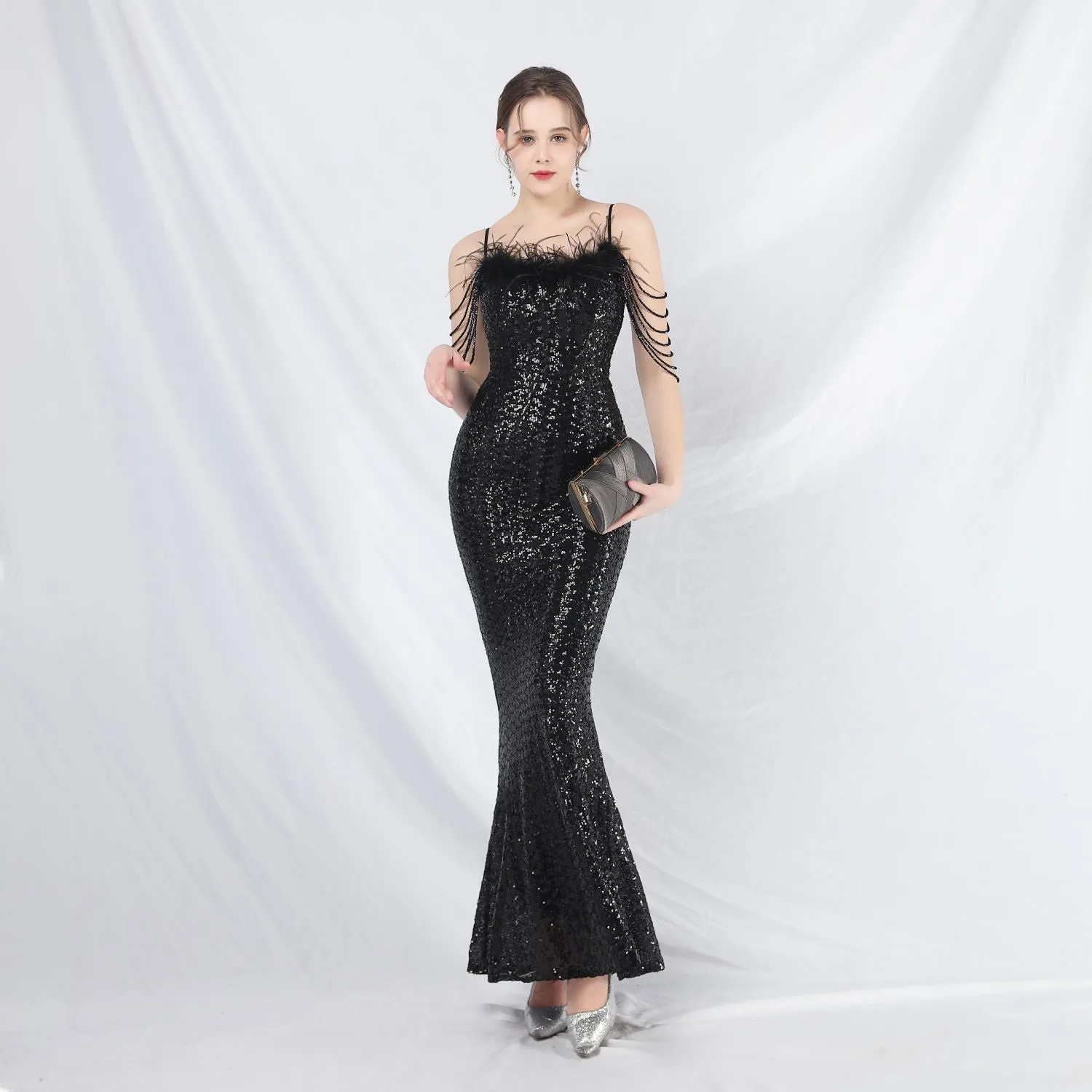 Leto-31832-Ostrich Fur Illusion Beaded Formal Dress