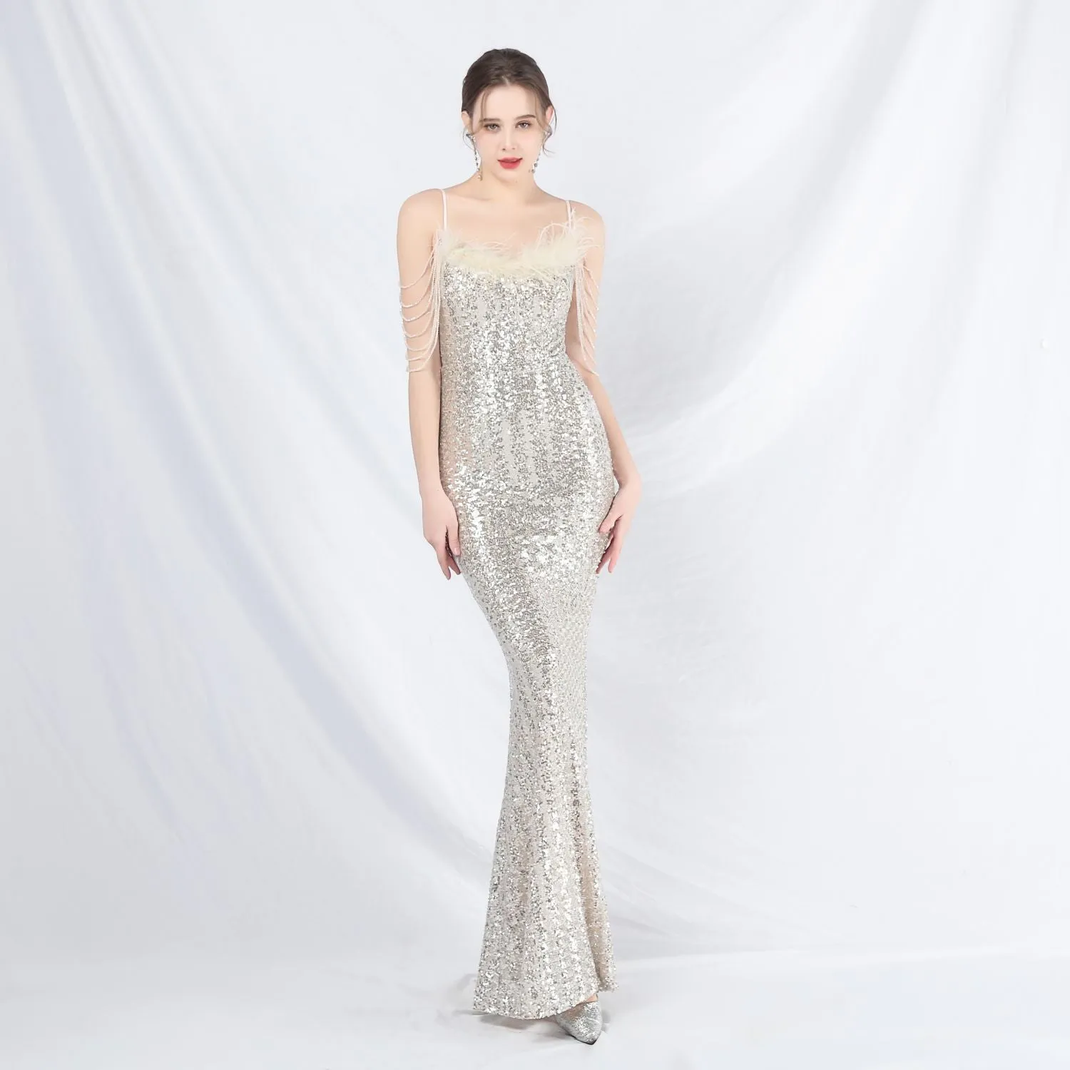 Leto-31832-Ostrich Fur Illusion Beaded Formal Dress