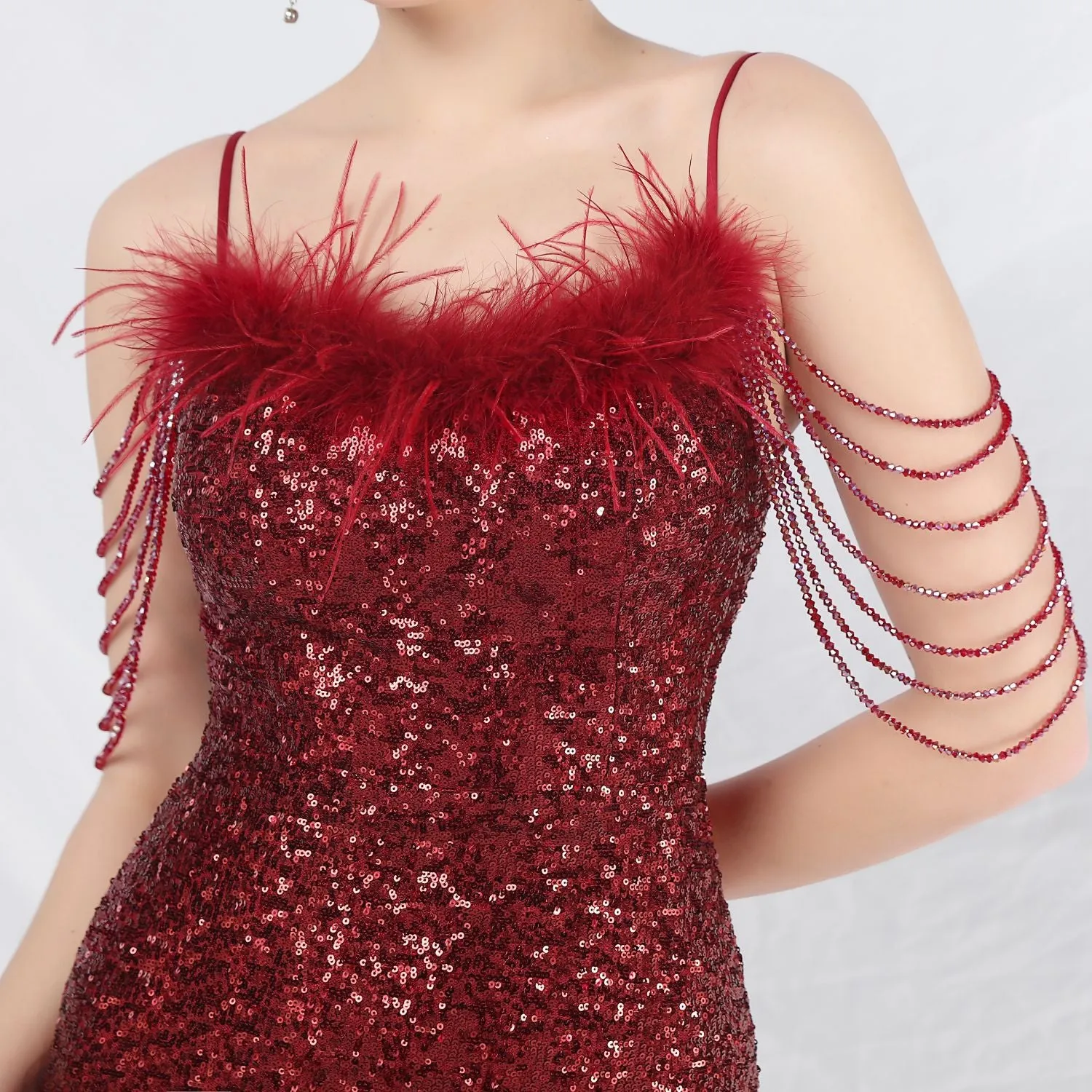 Leto-31832-Ostrich Fur Illusion Beaded Formal Dress