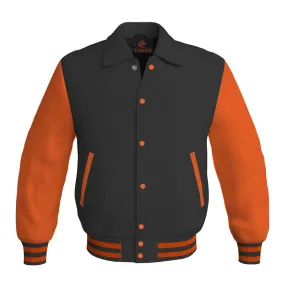 Letterman Varsity Classic Jacket Black Body and Orange Leather Sleeves