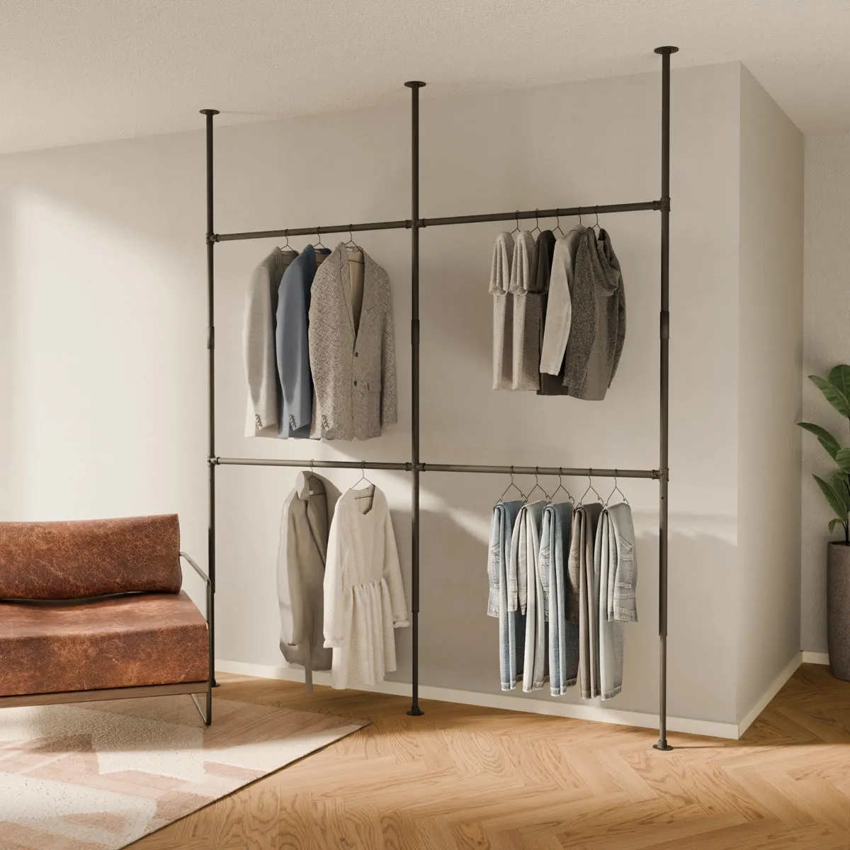 LOFT II – Open closet with telescopic rack