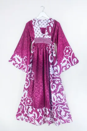 Lunar Maxi Dress - Vintage Sari - Wine and Ice Flora  - Size S/M