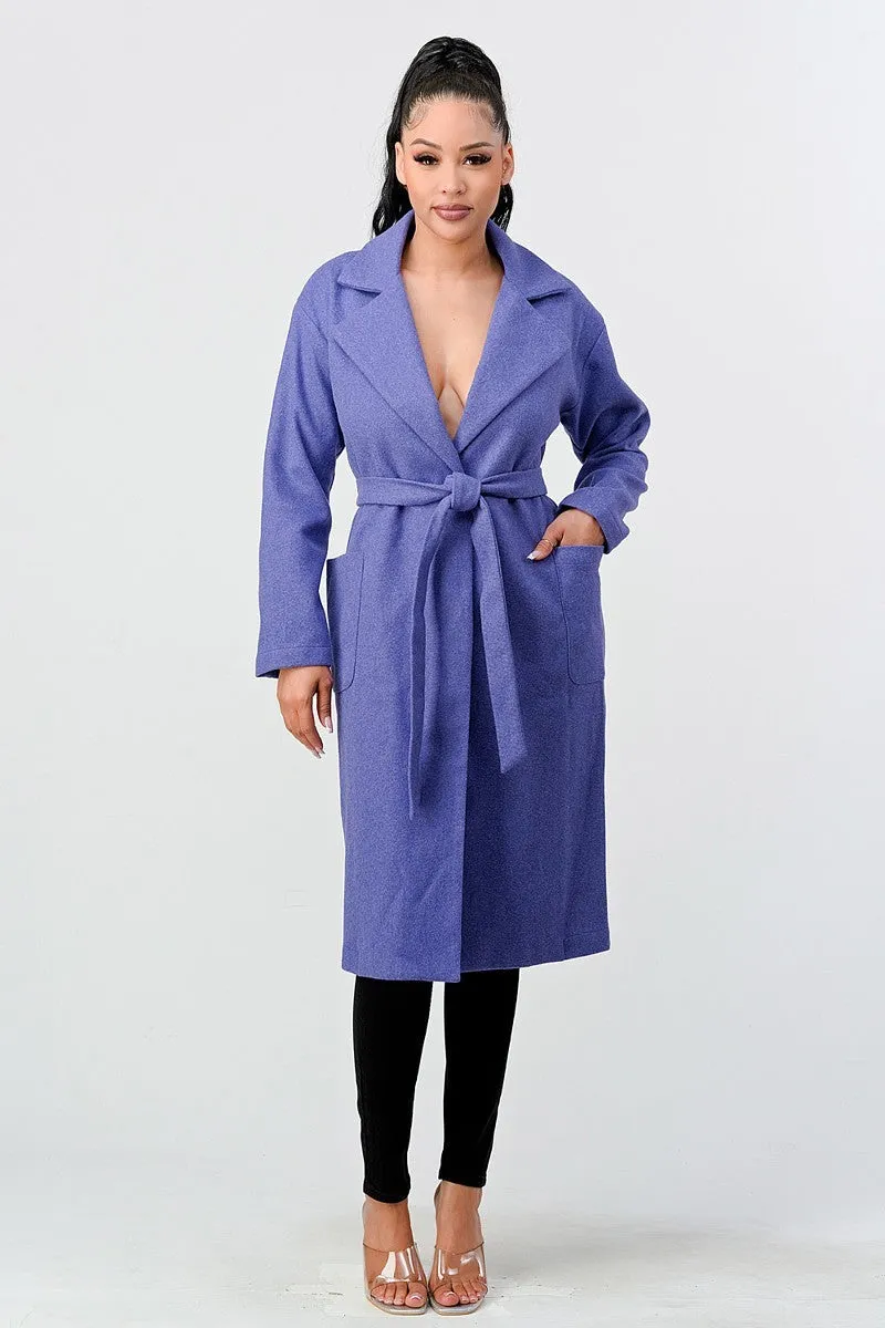 Luxe Wool Waist Tie Side Pockets Midi Length Coat