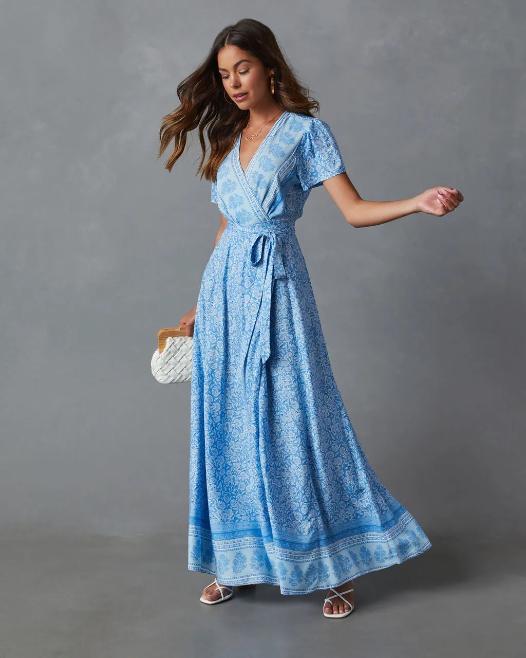 Mae Printed Short Sleeve Wrap Maxi Dress