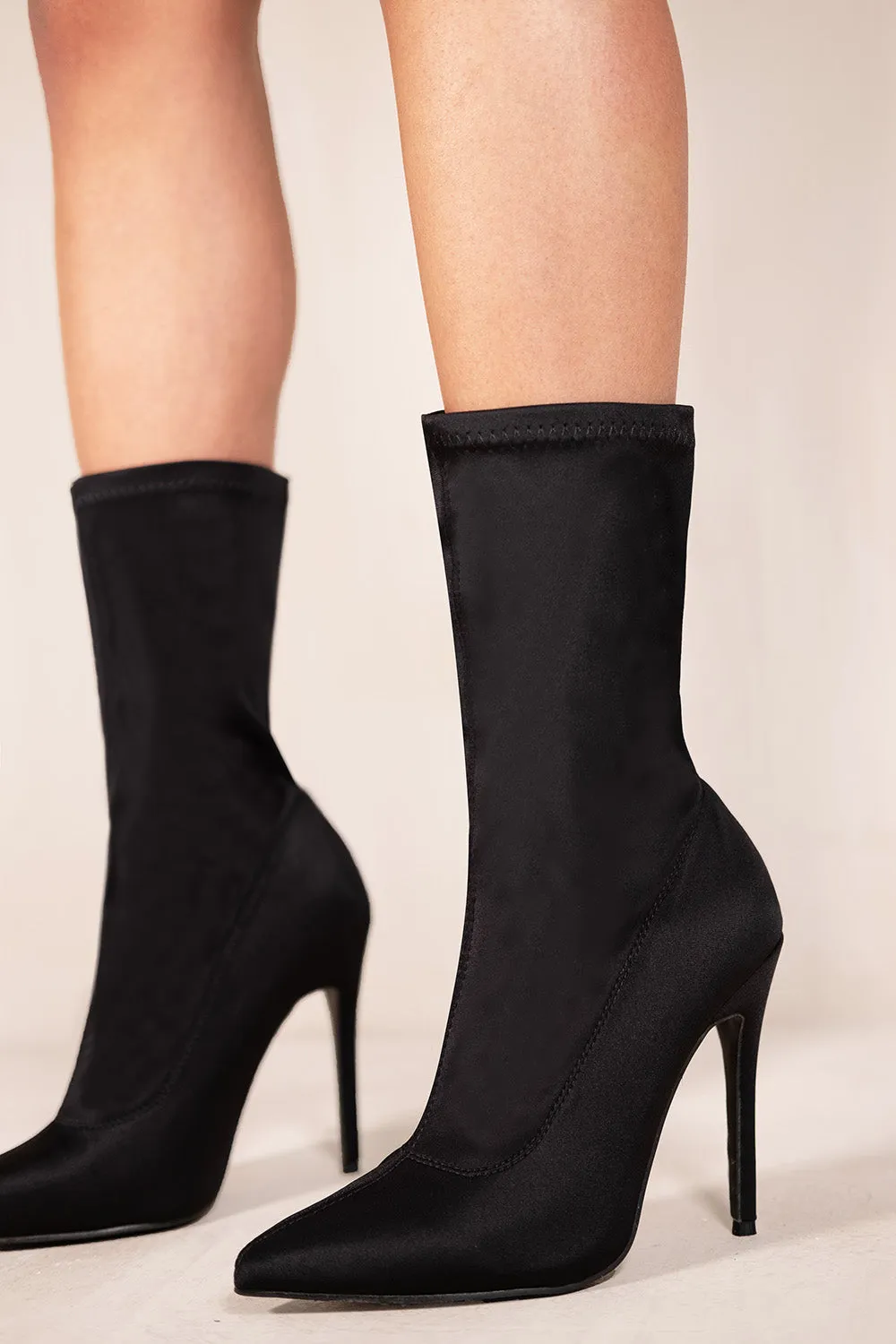 MARIANA MID-CALF HIGH HEEL BOOT WITH KNITTED SOCK IN BLACK LYCRA