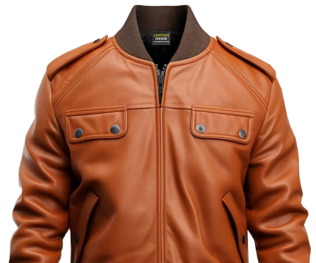 Men Strap Pocket Bomber Leather Jacket