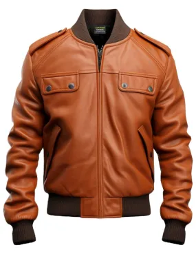 Men Strap Pocket Bomber Leather Jacket