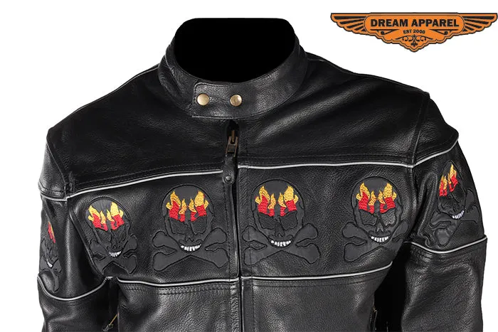 Mens Black Racer Leather Motorcycle Jacket With Flaming Reflective Skulls