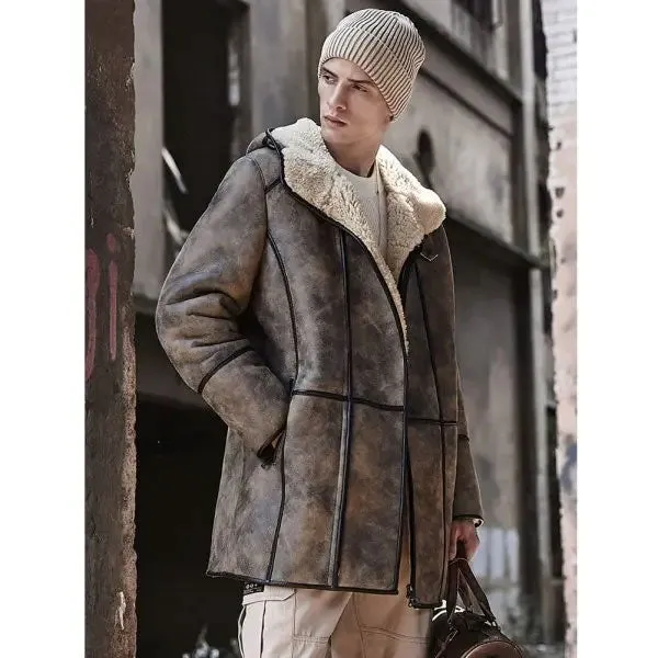 Mens Bomber Shearling Fur Hooded Winter Long Leather Jacket Trench Coat