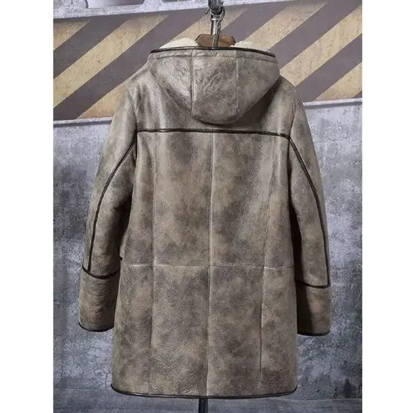 Mens Bomber Shearling Fur Hooded Winter Long Leather Jacket Trench Coat