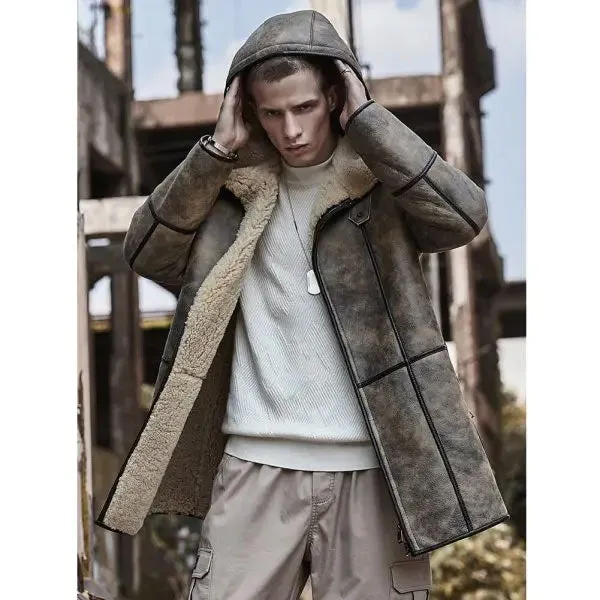 Mens Bomber Shearling Fur Hooded Winter Long Leather Jacket Trench Coat