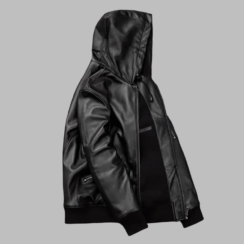 Men's Hooded Leather Motorcycle Bomber Jacket