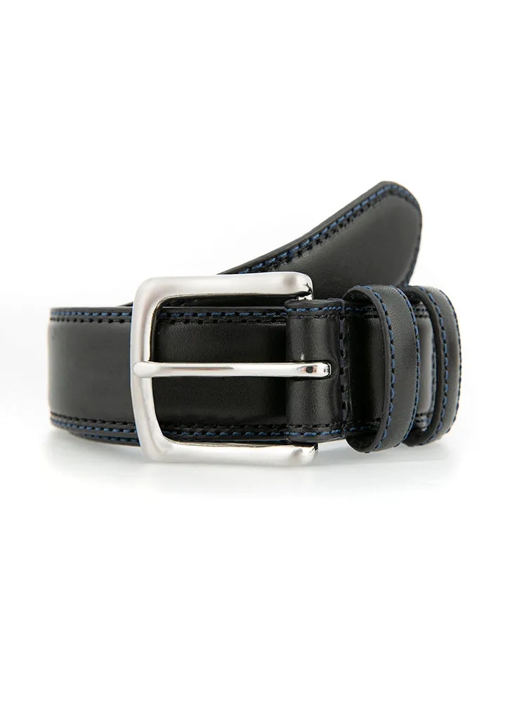 Men's Lined Leather Belt with Shiny Nickel Buckle and Contrast Details