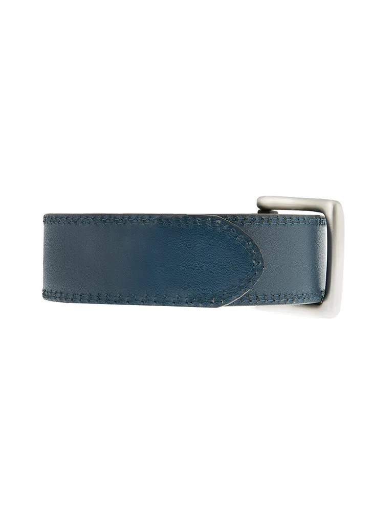 Men's Lined Leather Belt with Shiny Nickel Buckle and Contrast Details