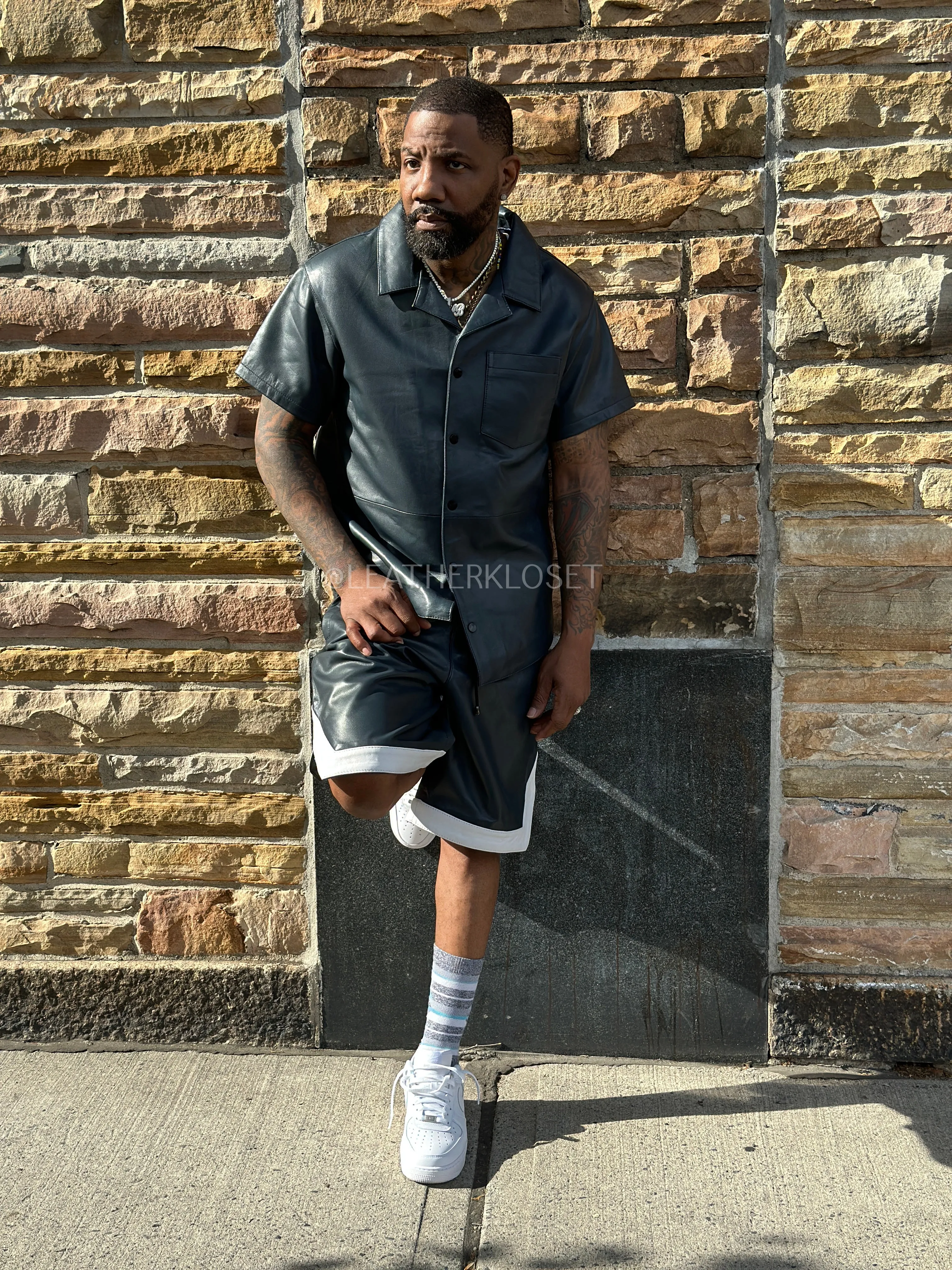 Men's Summer In Miami Leather Shirt And Shorts Set [Navy Blue]