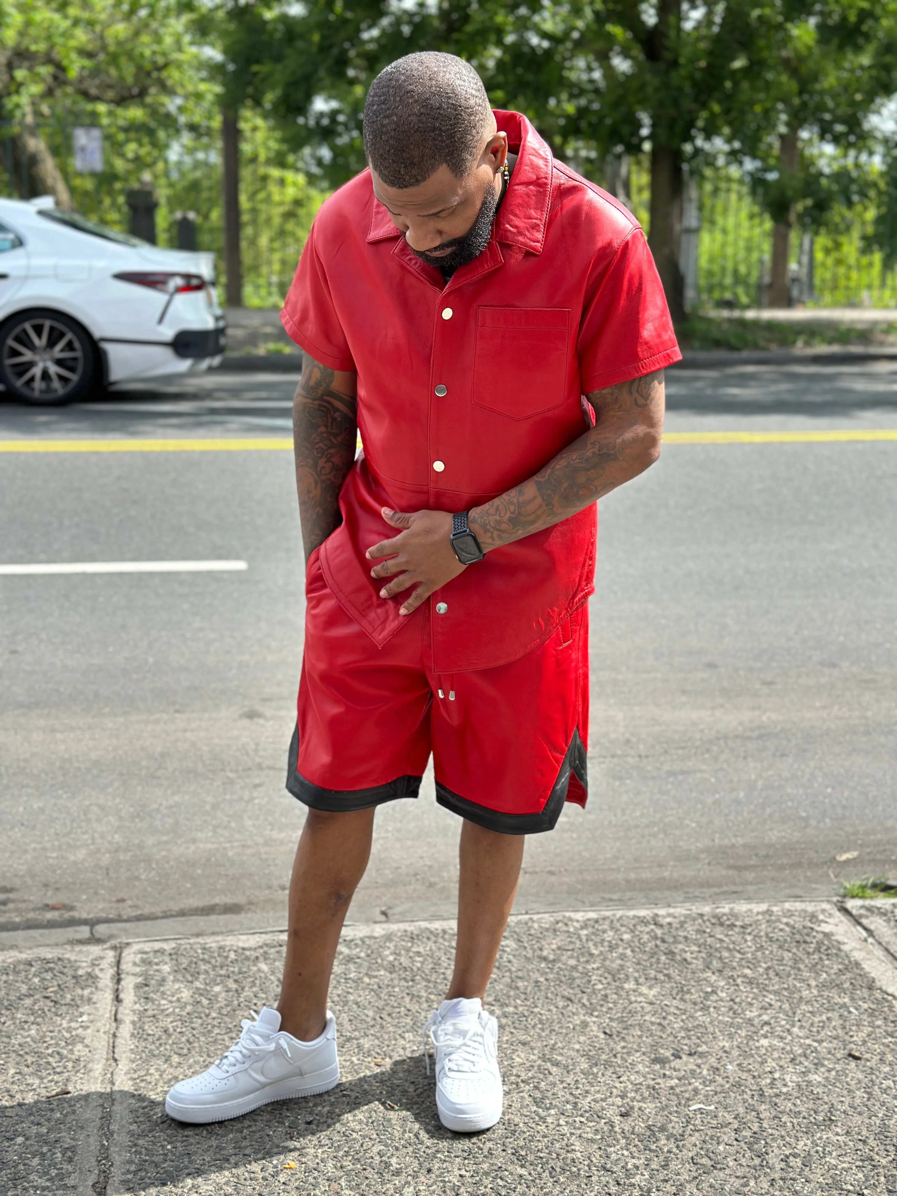 Men's Summer In Miami Leather Shirt And Shorts Set [Red/Black Stripe]