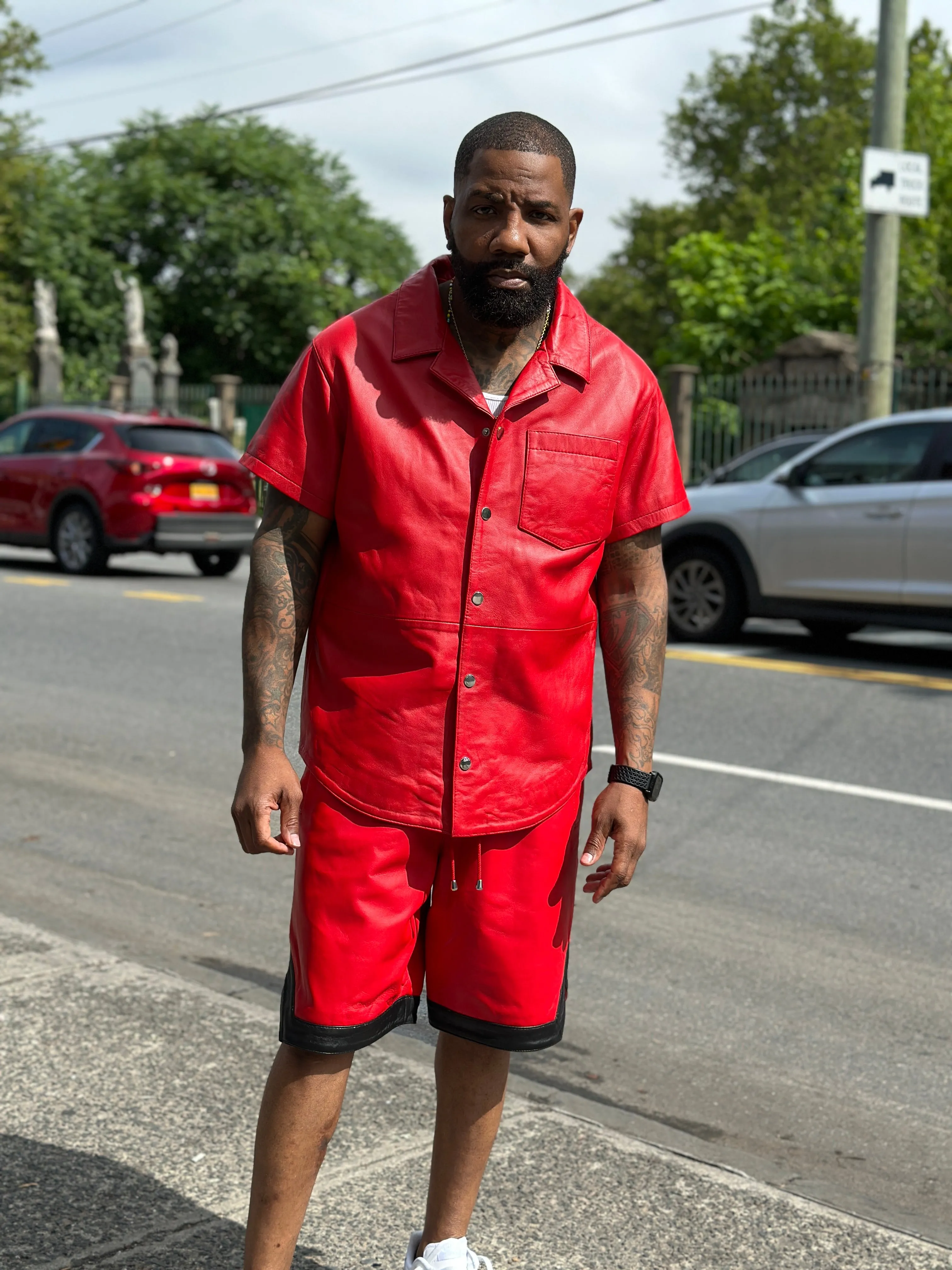 Men's Summer In Miami Leather Shirt And Shorts Set [Red/Black Stripe]