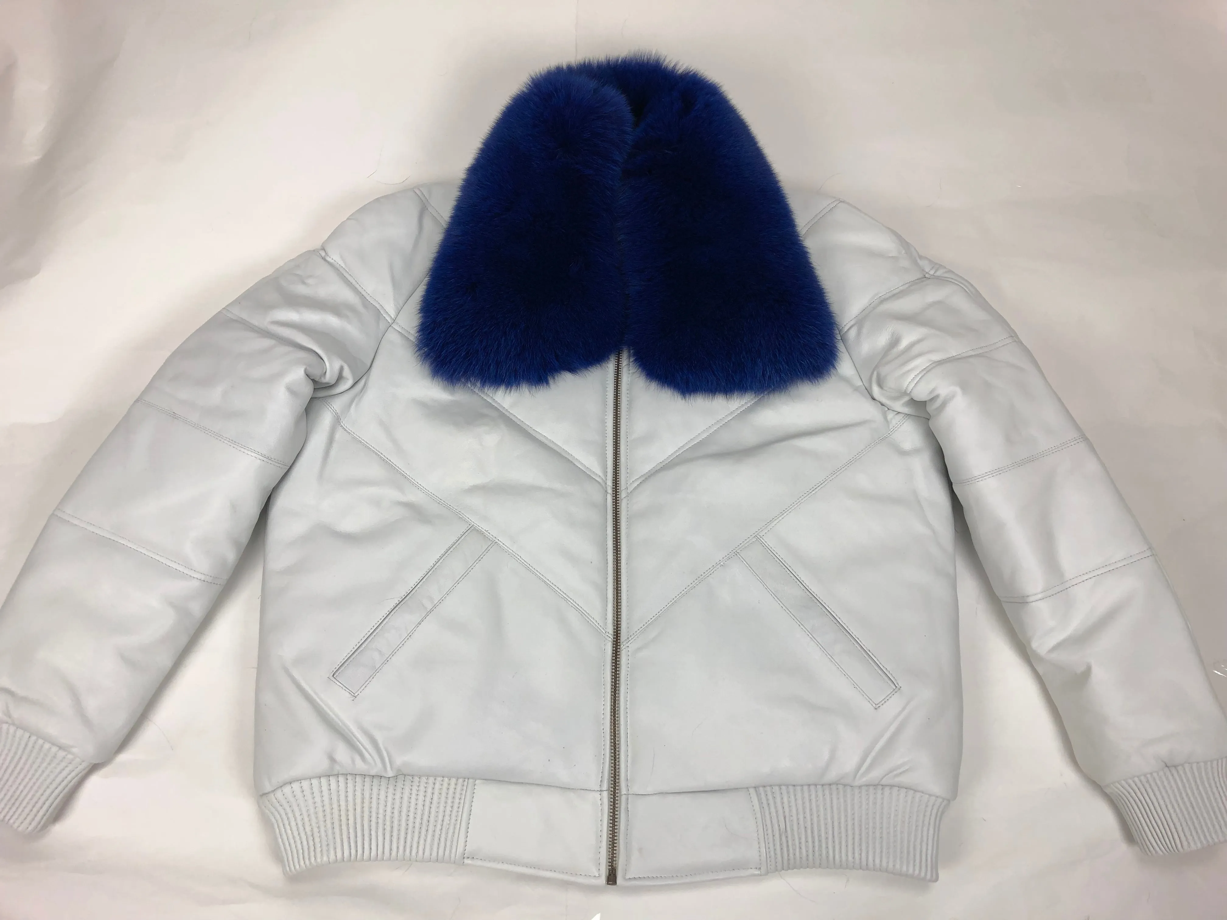 Men's V-Bomber White Premium Royal Blue Fox Collar