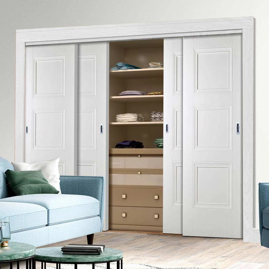 Minimalist Wardrobe Door & Frame Kit - Four Amsterdam 3 Panel Doors - White Primed