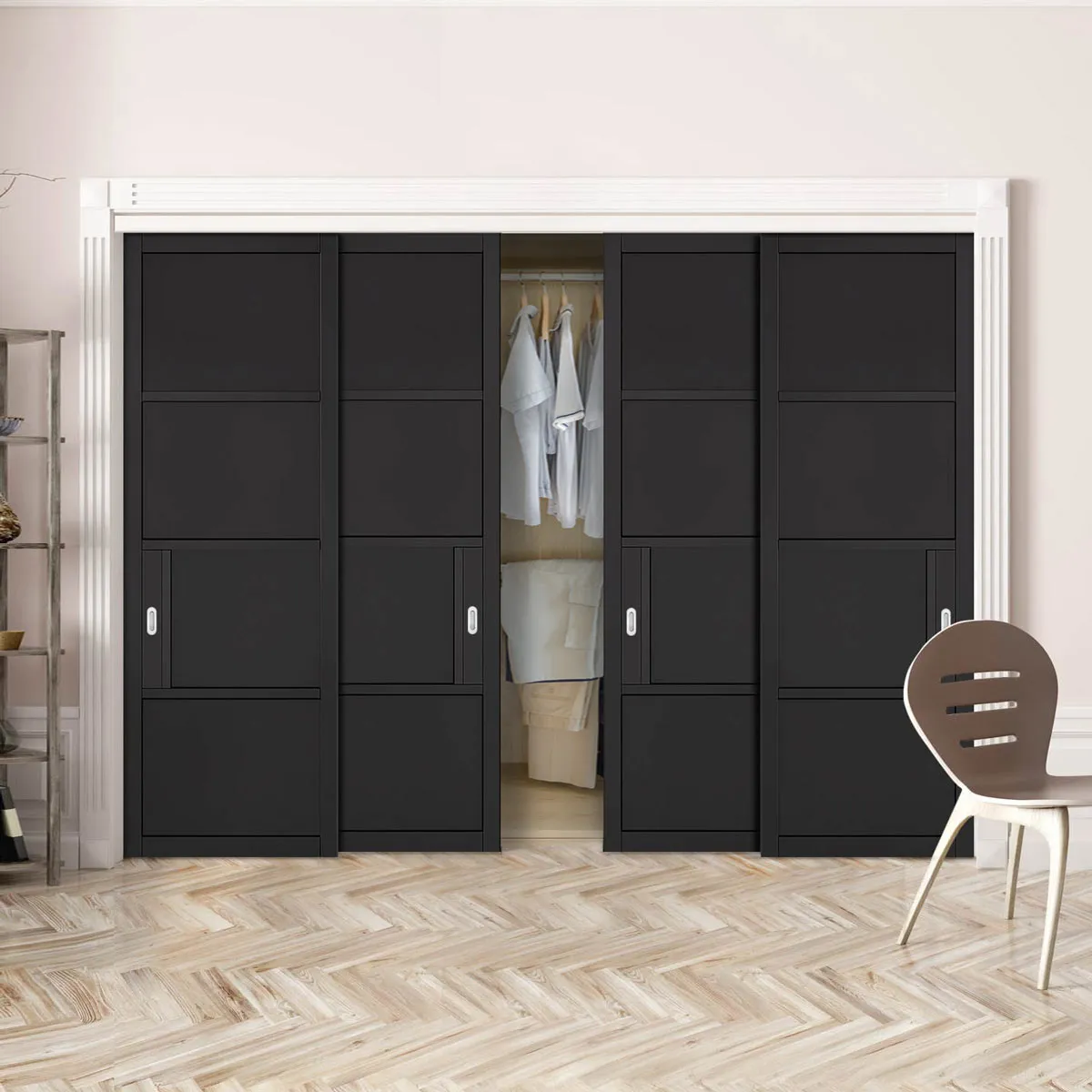 Minimalist Wardrobe Door & Frame Kit - Four Chelsea 4 Panel Black Painted Door - Prefinished