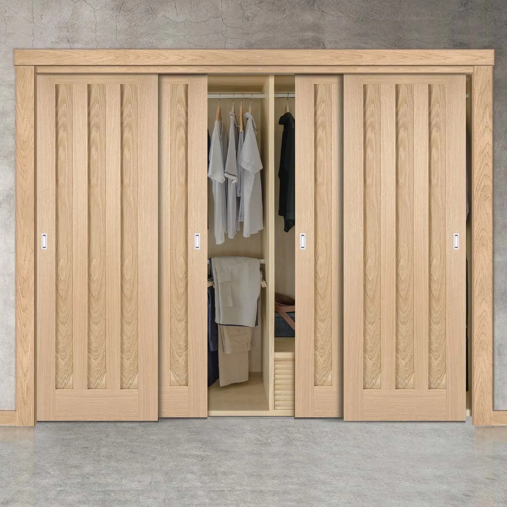 Minimalist Wardrobe Door & Frame Kit - Four Idaho 3 Panel Oak Doors - Unfinished