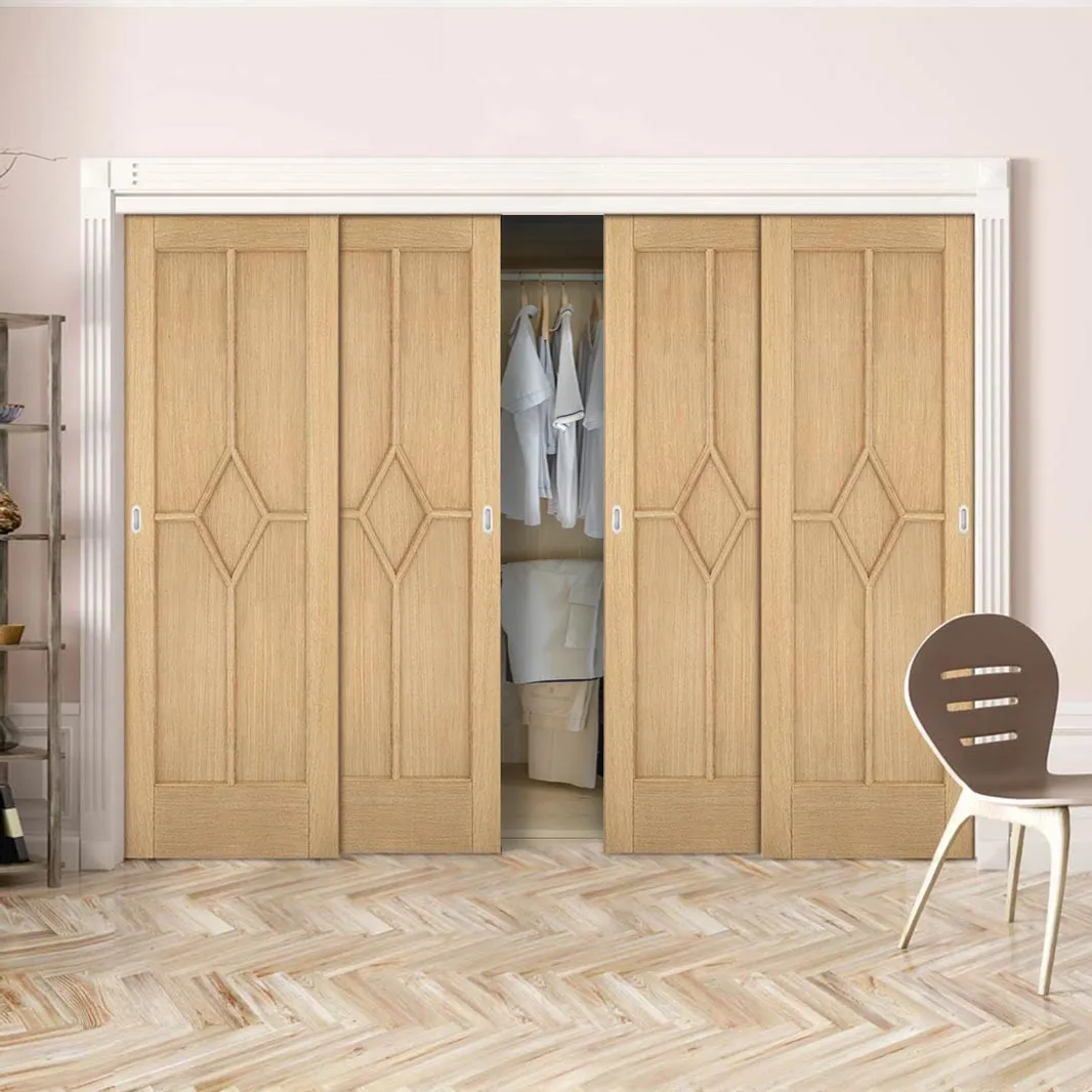 Minimalist Wardrobe Door & Frame Kit - Four Reims Diamond 5 Panel Oak Door - Prefinished