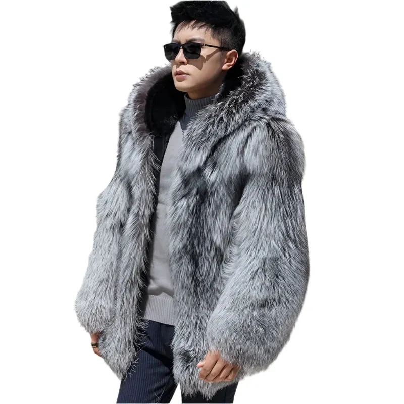 New Men's Winter Hooded Fox Fur & Mink Coat - Warm Fashion Silver Fox Fur Integrated Jacket | Casual Cozy Outerwear