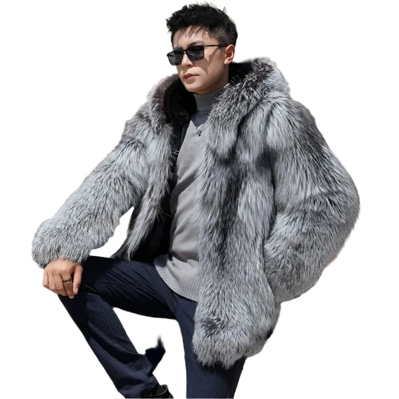 New Men's Winter Hooded Fox Fur & Mink Coat - Warm Fashion Silver Fox Fur Integrated Jacket | Casual Cozy Outerwear