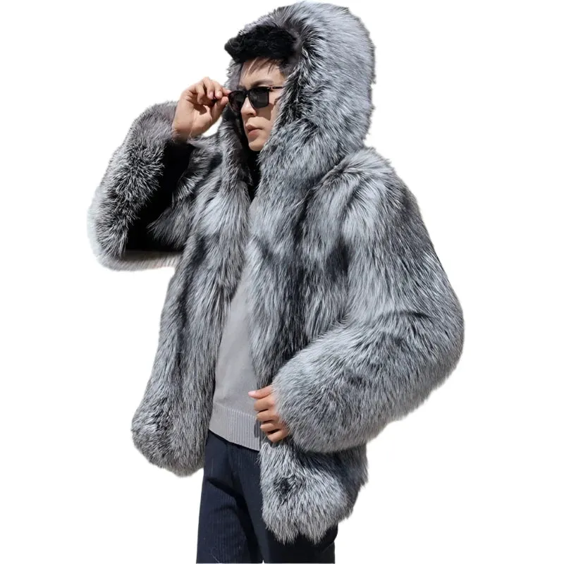 New Men's Winter Hooded Fox Fur & Mink Coat - Warm Fashion Silver Fox Fur Integrated Jacket | Casual Cozy Outerwear