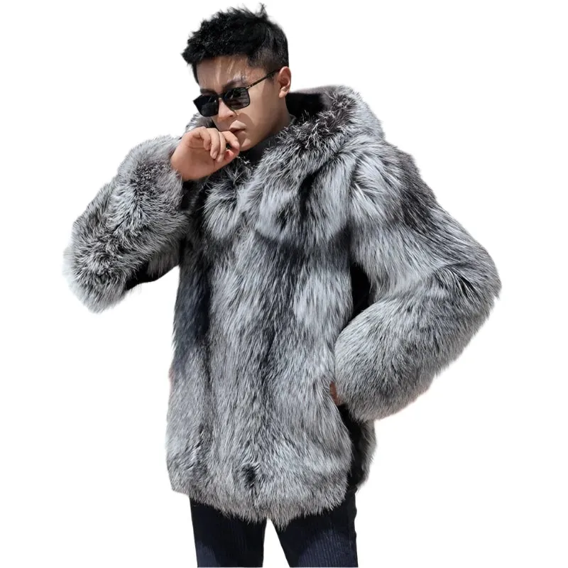 New Men's Winter Hooded Fox Fur & Mink Coat - Warm Fashion Silver Fox Fur Integrated Jacket | Casual Cozy Outerwear