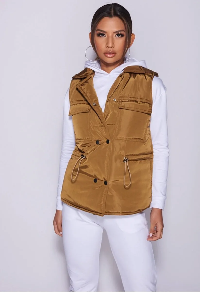 Olive Double Breasted Patch Pocket Padded Gilet