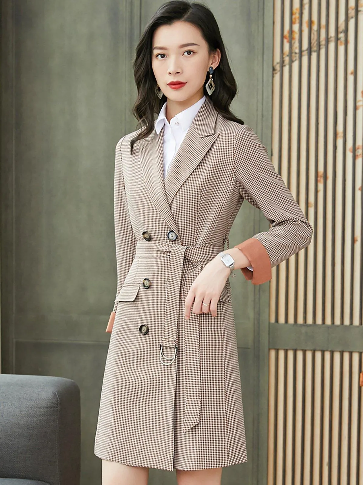 Plaid Double Breasted Belted Trench Coat