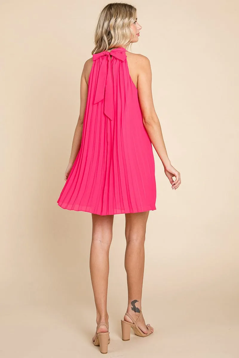 Pleated Halter Neck Mini Swing Dress