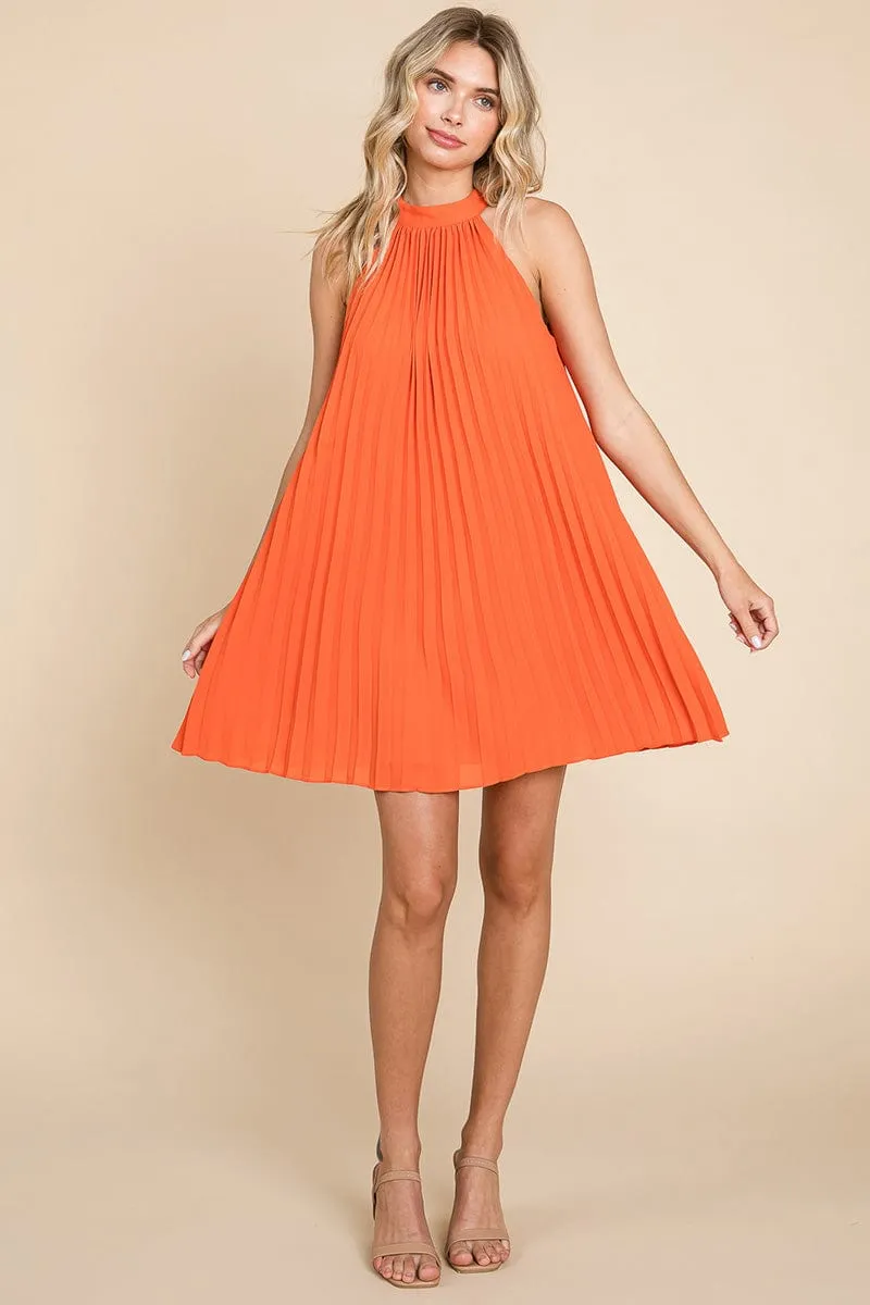 Pleated Halter Neck Mini Swing Dress