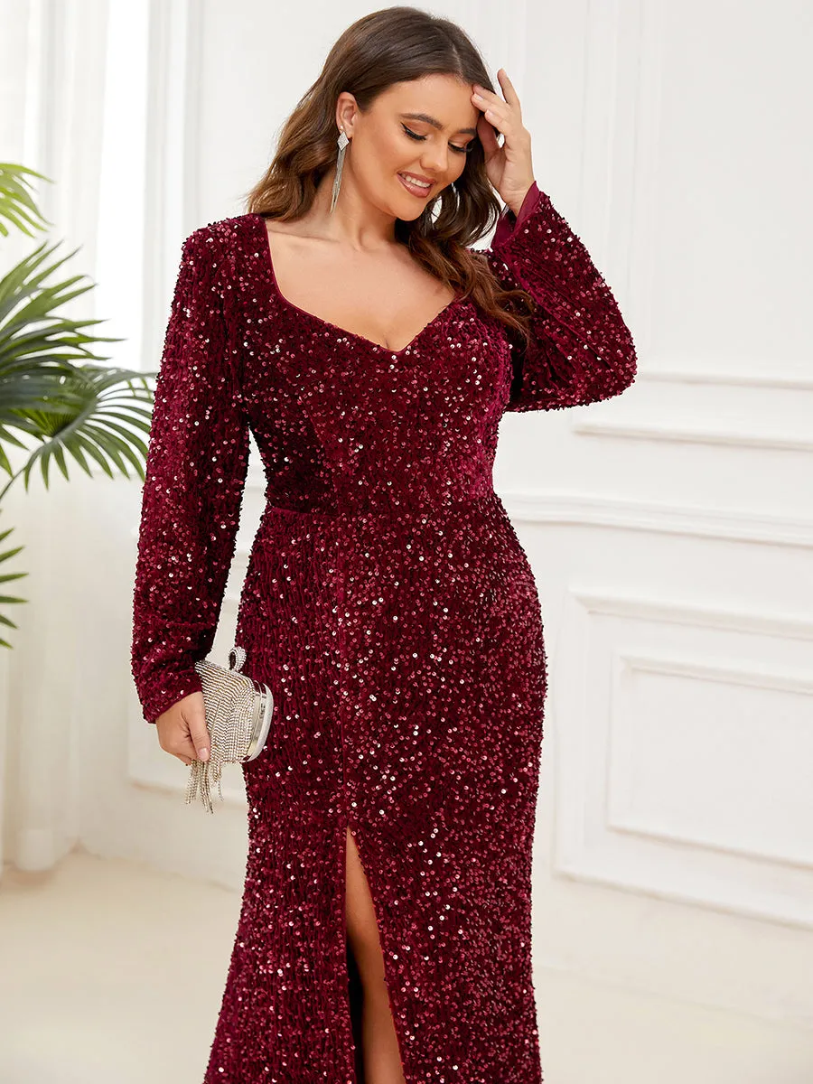 Plus Shiny Long Sleeves Sweetheart Neck Fishtail Wholesale Evening Dresses