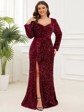 Plus Shiny Long Sleeves Sweetheart Neck Fishtail Wholesale Evening Dresses