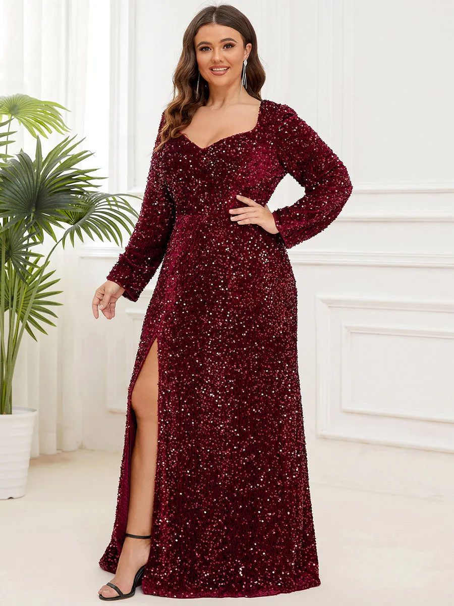 Plus Shiny Long Sleeves Sweetheart Neck Fishtail Wholesale Evening Dresses